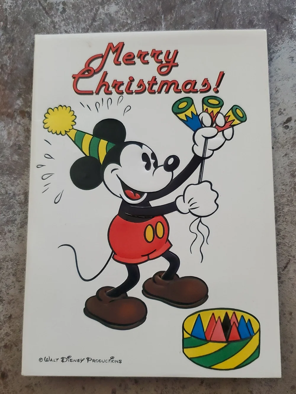 Vintage Disney Mickey Mouse Christmas Card - Red, Black, Yellow, Green, Brown